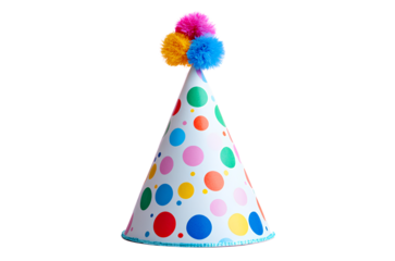  A colorful birthday hat with multicolored polka dots and pink pom-poms on top, isolated against a white background.