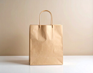 Blank kraft paper shopping bag standing upright on a seamless background