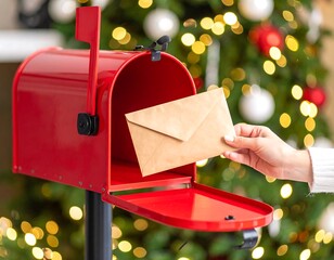 Red mailbox with a hand taking an envelope