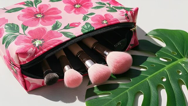 Makeup Brushes in a Pink Floral Bag with Monstera Leaf on a White Table Bright Sunlight Cosmetic Still Life Photography