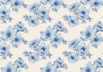 Elegant seamless pattern featuring repeating watercolor floral blooms in shades of blue and cream