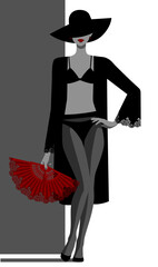 Standing young svelte woman in black lingerie, robe and wide-brimmed hat, in dark tights holds classic open red fan in hand on white background. Vector 
illustration in grey colors in flat style