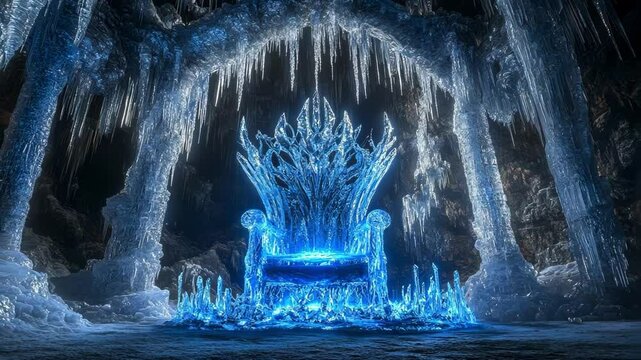 Glowing ice throne in a mystical cave, fantasy setting