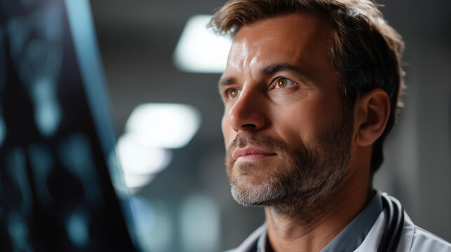 Doctor analyzing X-ray results with a focused and determined expression