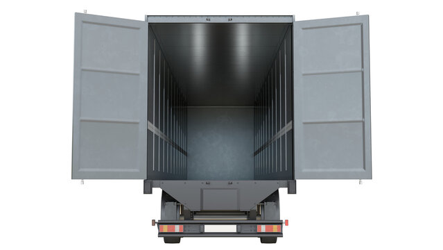 Opened empty container truck isolated on transparent background. Back view. The camera is positioned flush with the trailer floor. 3D illustration.