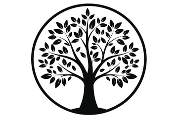 Obraz premium Black Tree Silhouette with Leaves Inside a Circle Frame, Minimalist Logo Design Element