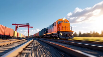 Obraz premium A vibrant orange freight train moves swiftly along tracks under a clear sky with a distant crane and green fields in the background during sunset.