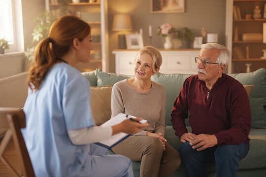 A home health care nurse in light blue scrubs sits on a chair talking to an elderly Caucasian couple seated on a teal sofa in their living room during the day. The nurse holds a clipboard. - Powered by Adobe