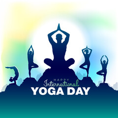 Fototapeta na wymiar Happy International Yoga Day. Silhouette Vector illustration of Yoga body posture. Group of people practicing yoga background.