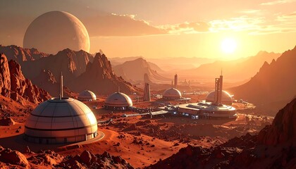 Martian colony at sunset