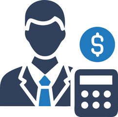 Accountant Silhouette with Calculator and Documents, Icon Style, Black on White