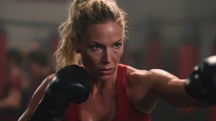 Blonde woman in boxing gloves practicing poses with determined expression against old gym background, capturing fitness-focused training essence in medium fighting stance.