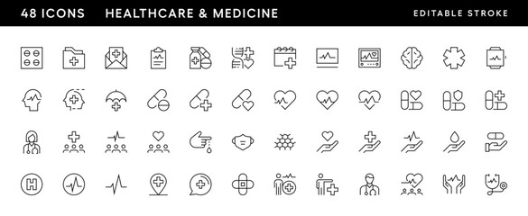 Healthcare and medical icon set. Hospitality, medical, pharmacy, clinical, drug, therapy, treatment and more. Editable stroke. Pixel Perfect. Grid base 32 x 32.