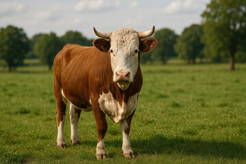 brown cow standing in grassy field.