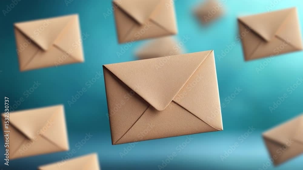 Poster floating envelopes: many light brown envelopes float in the air against a teal background. this imag