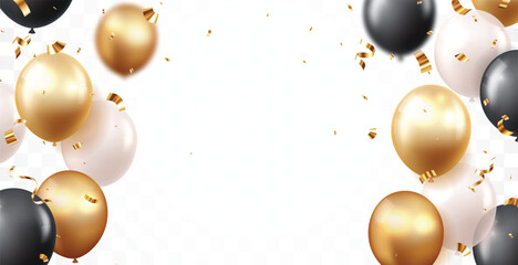 Beautiful black and gold balloons with confetti for invitation cards, celebration banner