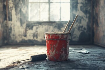 Bucket of paint with rollers and brushes sitting on the floor