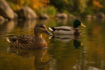 Two ducks floating on calm water, one facing forward and other towards its reflection.