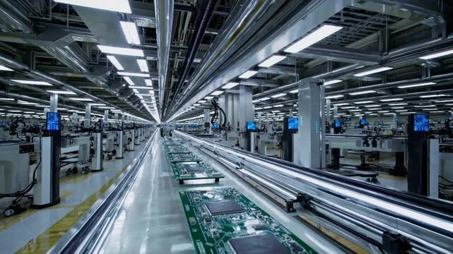 Assembly Line Precision: A long shot reveals a cutting-edge factory floor where technological marvels, components, and products come to life with remarkable efficiency.