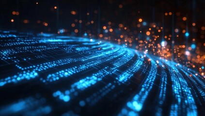 Abstract digital blue and orange light trails create a futuristic, dynamic visual effect resembling data streams or fiber optic networks on a dark background.