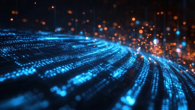 Abstract digital blue and orange light trails create a futuristic, dynamic visual effect resembling data streams or fiber optic networks on a dark background.