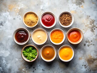 Culinary Delights: a vibrant collection of assorted sauces and condiments artfully presented in individual bowls. inviting the viewer to savor a spectrum of flavors.