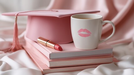 Pink graduation cap on books, with a mug and lipstick, symbolizing celebration and femininity in an academic setting.