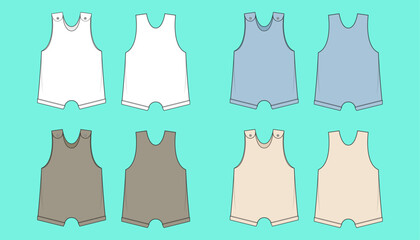 Baby Short Leg Romper colour way bundle set technical drawing fashion flat sketch vector illustration template front and back views outline CAD mockup.