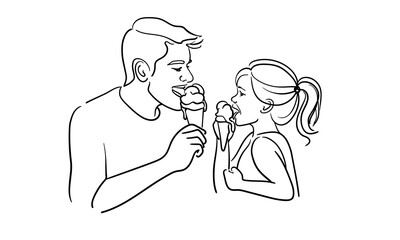 Father and daugter eating ice cream, continious line drawing. Summer holidays outline. Vector illustration