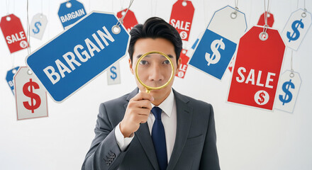 Businessman examines sale tags through magnifying glass, symbolizing bargain hunting and deal finding