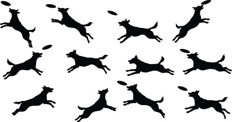 Vector silhouette set of dogs jumping and catching frisbee, active pet dog illustrations, playful canine motion icons for design elements