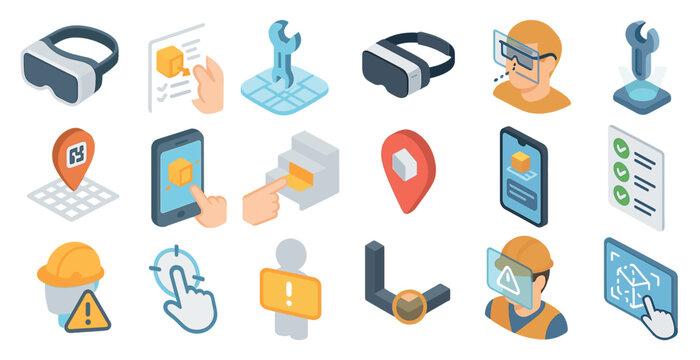 Virtual reality and augmented icons set – isometric, tech, futuristic design symbols