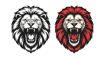 Two stylized lion heads, one black and white, one red, roaring.