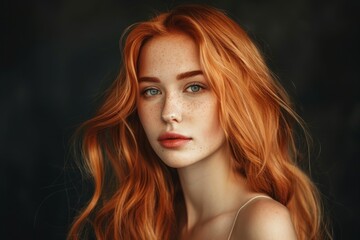 Fototapeta premium Young woman with red hair against dark background. Neural network AI generated