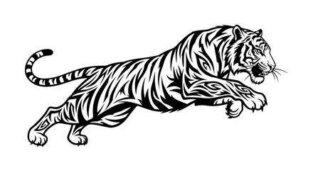 Leaping Tiger with Tribal Tattoo Design, Black and White Illustration