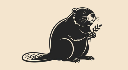 Stylized Black and White Beaver Holding a Branch