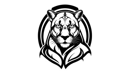 Stylized Black and White Illustration of a Cougar's Head