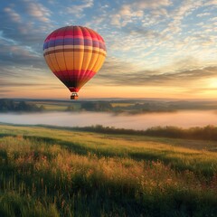 Fototapeta premium Colourful hot air balloon floating over distant fields and meadows covered with fog on sunny sunrise. .
