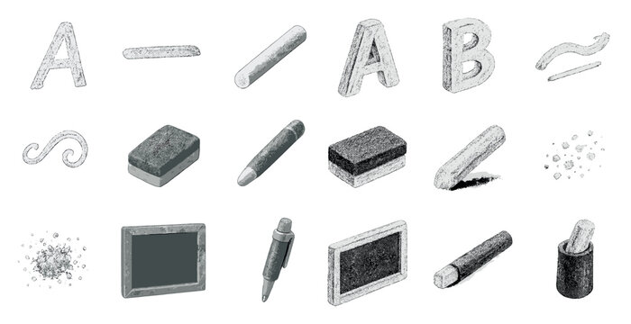 Chalkboard teaching linear icons set – school, education, writing tool representations