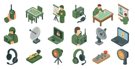Military and communication isometric icons set – tactical, equipment, army symbols