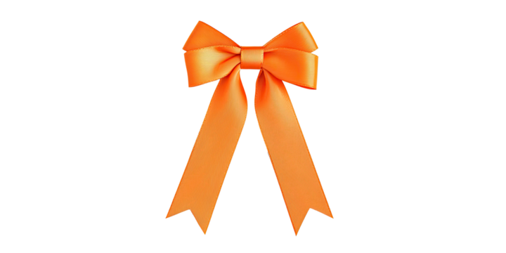 Orange satin bow with long ribbon tails decoration element isolated on white transparent background