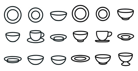 Kitchenware outline icons set – cookware, dishware, dining symbols