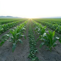 Fototapeta premium Mature cornfield with rich green hues and evenly spaced rows in a tranquil rural setting, isolated on white background
