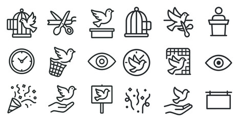 Naklejka premium Freedom and peace icons set – outline, linear, dove and liberty symbols