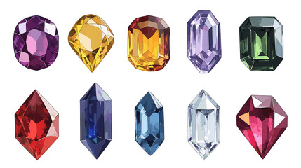 Vector set of precious expensive gemstones of different crystals shapes sapphire diamond ruby ​​crystal carat emerald yellow green blue gold pearl sparkles on a white background