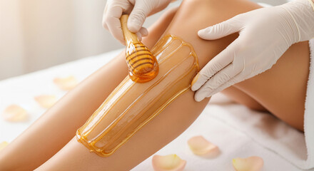 Amber honey wax applied to leg, showcasing a beauty treatment process using a wooden spatula, highlighting smooth skin and relaxation