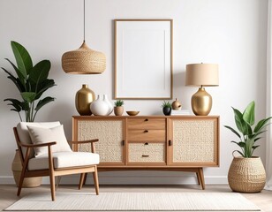 Modern retro composition of living room with wooden vintage commode, furniture, lamp, plant, carpet, pillows, gold mock up poster frame, plants, decoration and personal accessories.