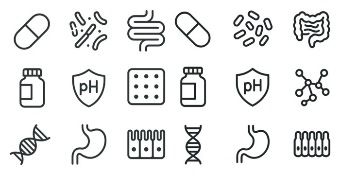 Probiotics and gut health icons set – outline, linear, digestive symbols