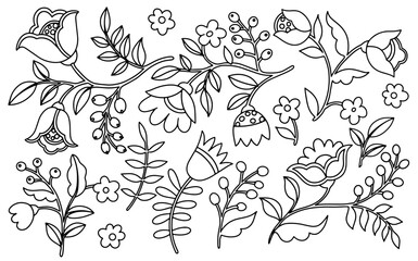 Coloring book. Set of abstract fantasy flowers and leaves in folk style. Vector illustration in doodle style