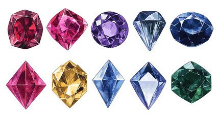 Fototapeta premium Vector set of precious expensive gemstones of different crystals shapes sapphire diamond ruby ​​crystal carat emerald yellow green blue gold pearl sparkles on a white background